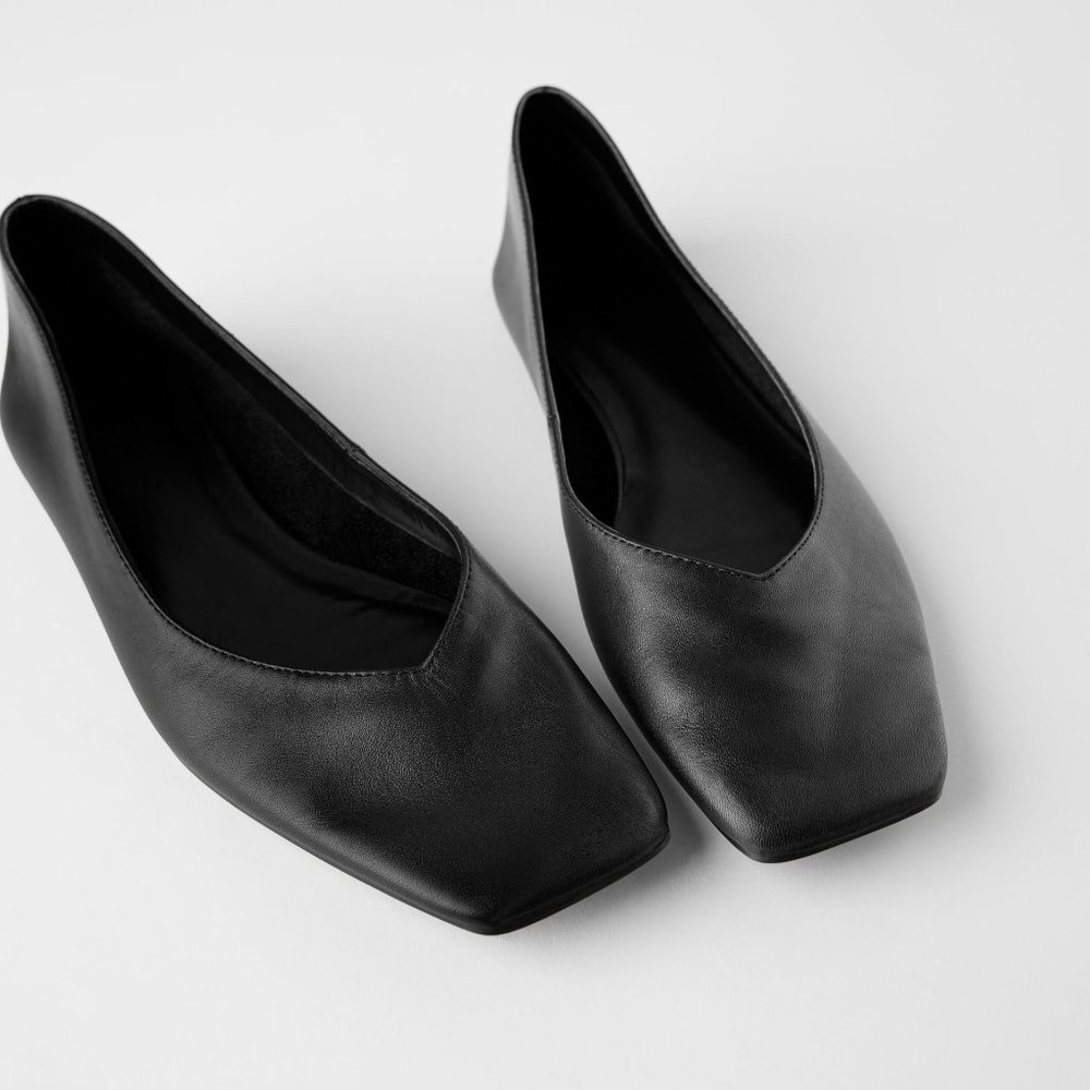 Zara SQUARE TOE LEATHER BALLET FLATS